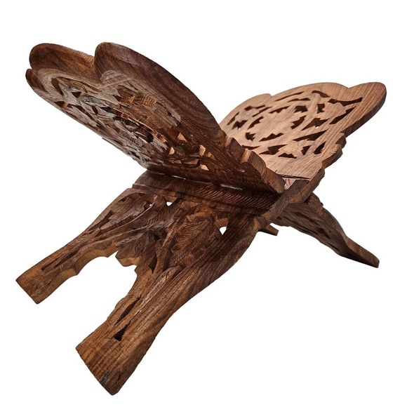 Hand Carved Wooden Book Holder Cookbook Stand Countertop Bohemian Boho India - Picture 1 of 12